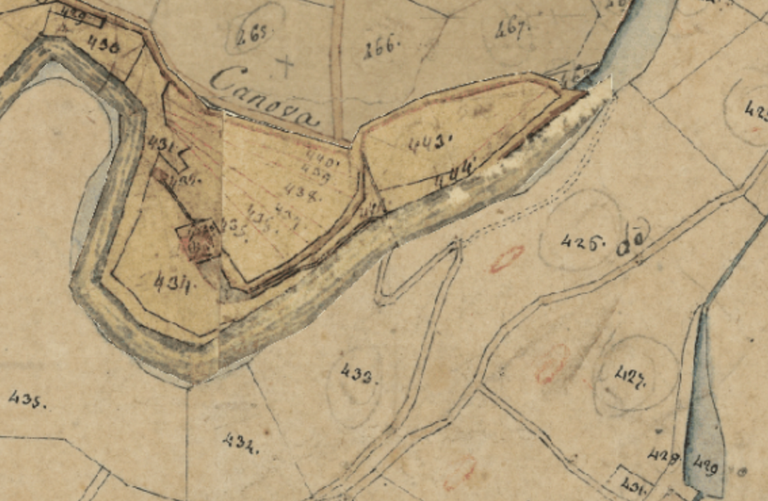 Il ponte tra Pian di Scò e Canova, dalle mappe del catasto lorense Il ponte tra Pian di Scò e Canova, dalle mappe del catasto lorense
