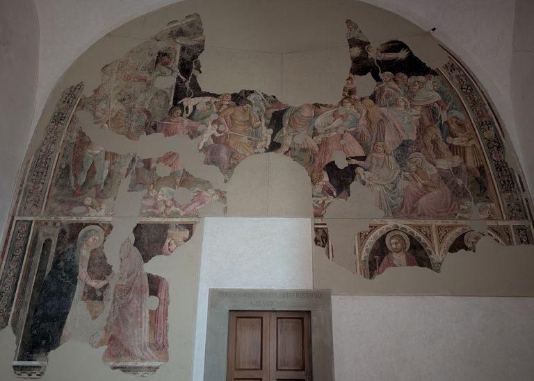 Strage degli Innocenti, Visitazione e i santi Giacomo minore e Francesco d'Assisi - Maestro di Bibbiena (attribuito), 1425-1430, affresco staccato Strage degli Innocenti, Visitazione e i santi Giacomo minore e Francesco d'Assisi - Maestro di Bibbiena (attribuito), 1425-1430, affresco staccato