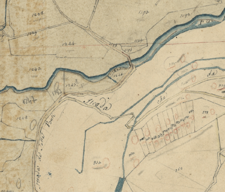 Il Ponte di Mandri, vicino a Castelfranco di Sopra, dalle mappe del Catasto lorense Il Ponte di Mandri, vicino a Castelfranco di Sopra, dalle mappe del Catasto lorense